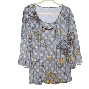 Cato 2xl Blouse Floral Black Gold Bell Sleeveless 3/4 Sleeve Flowy Top Slinky...